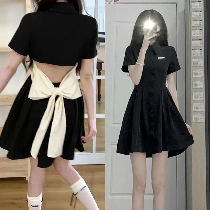 Black dress women's summer 2026 new Spice Girl bow polo collar small black dress waist thin shirt skirt