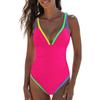 Women S Deep V Neck Sleeveless One Piece Swimsuit With Tie Side Solid Color Contrast Binding