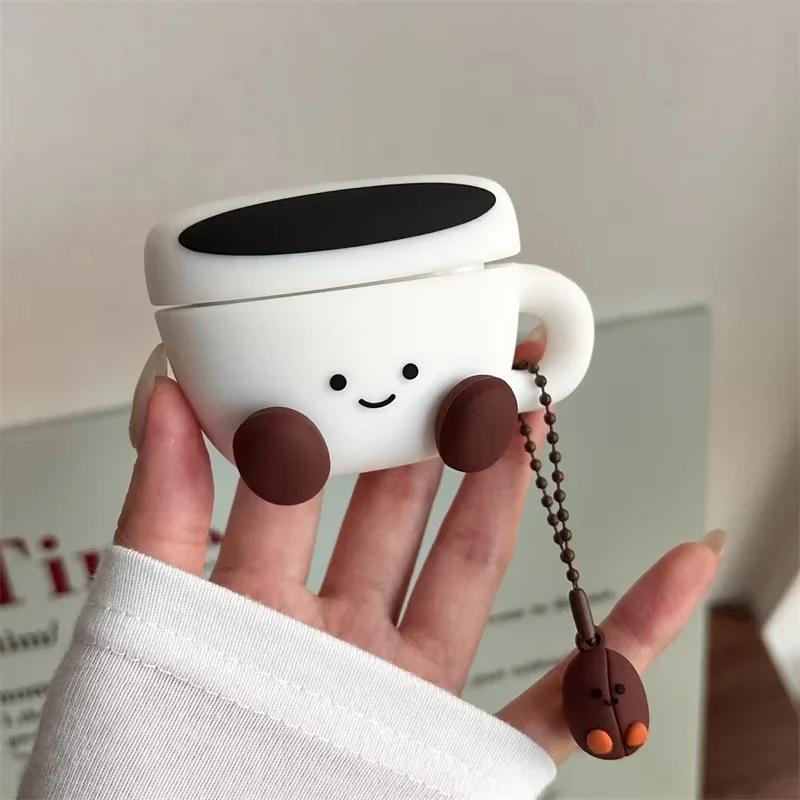 Earphone Case For Airpods 4 3 2 1 Cartoon Cute 3D Smiling Face Coffee Cup Soft -drop Cover Silicone Headphone Accessories