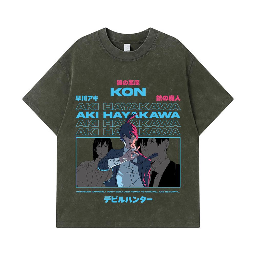 

275 GSM Washed T-shirts 100% Cotton Chainsaw Man V38 Aki Print Unisex Heavy Cotton T Shirt S