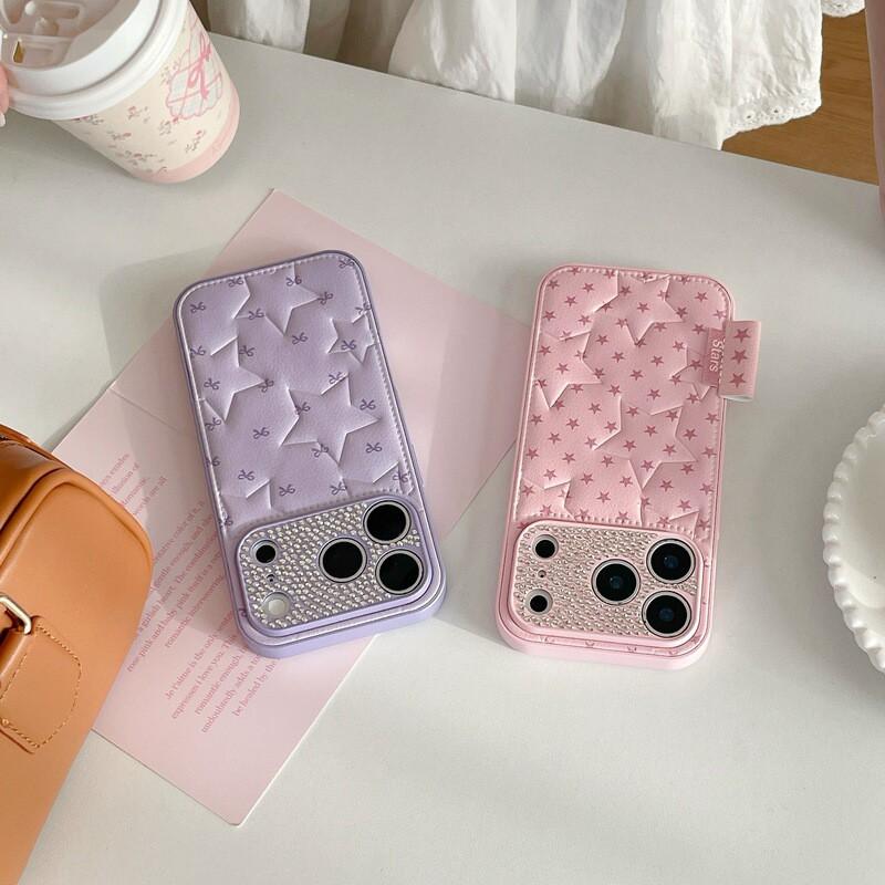 Luxury PU Leather Phone Case With Rhinestone Star Design IPhone 15 16 17 Pro Max Anti-Scratch Drop Protection