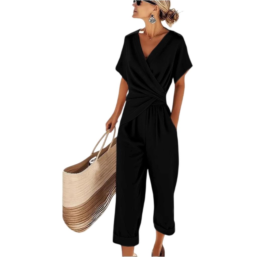 Women’s Short Sleeve Irregular Hem Two Piece Set V Neck Wrap Top and Cropped Pants Casual Outfit for Daily Wear