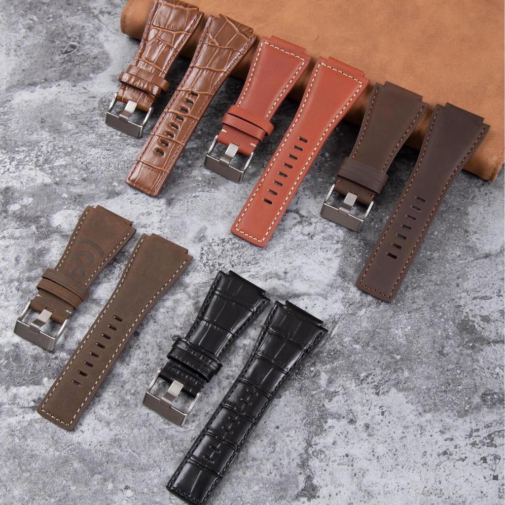 Double-Sided Cowhide Leather Watch Band, Soft, Waterproof, Bamboo Pattern, Crazy Oil Leather Finish
