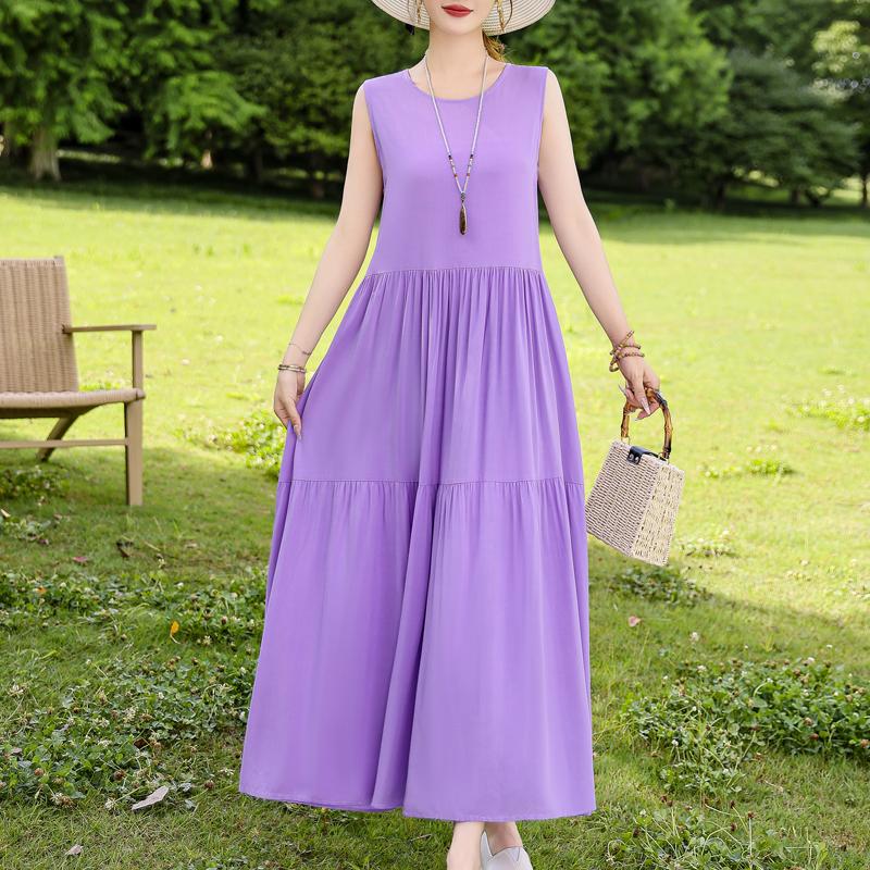 Elegant Sleeveless Dress for Women Plus Size Short Sleeve Vintage Print Long Dress Summer Casual Middle-aged Women's Clothing