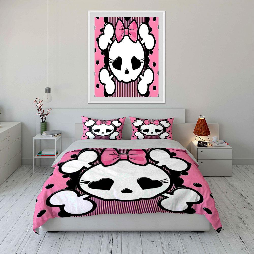 Pink Skull Pattern Gift Set Kid'S And Adults' Bedroom Decor, Exquisite Three-Piece Bedding Set Gift
