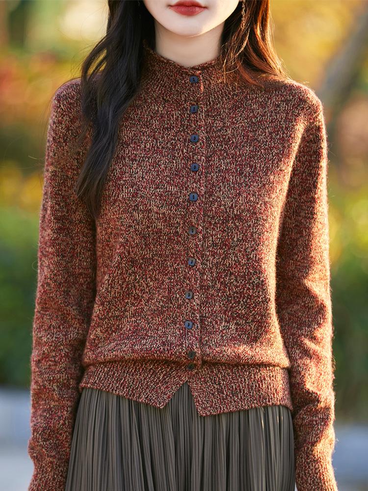 

Heathered Wool Long Sleeve Rolled Edge Cardigan Sweater with Semi-High Neck L [53-63 kg]