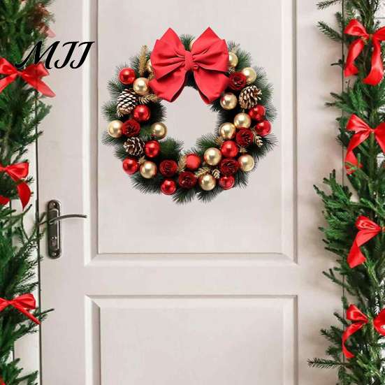 Reusable Holiday Wall Decor Christmas Wreath Decal, Door Sticker with Red Bow, Baubles & Pinecones, Self Adhesive Pine Cones Removable Art for