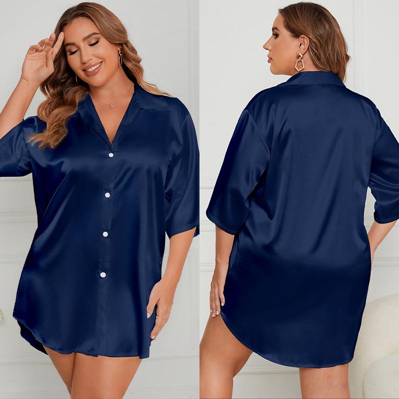 Plus Size Ice Silk Nightdress Women's Summer Loose Lapel Sleepshirts Comfortable Half Sleeve Button Shirt Dress Sexy Sleepwear