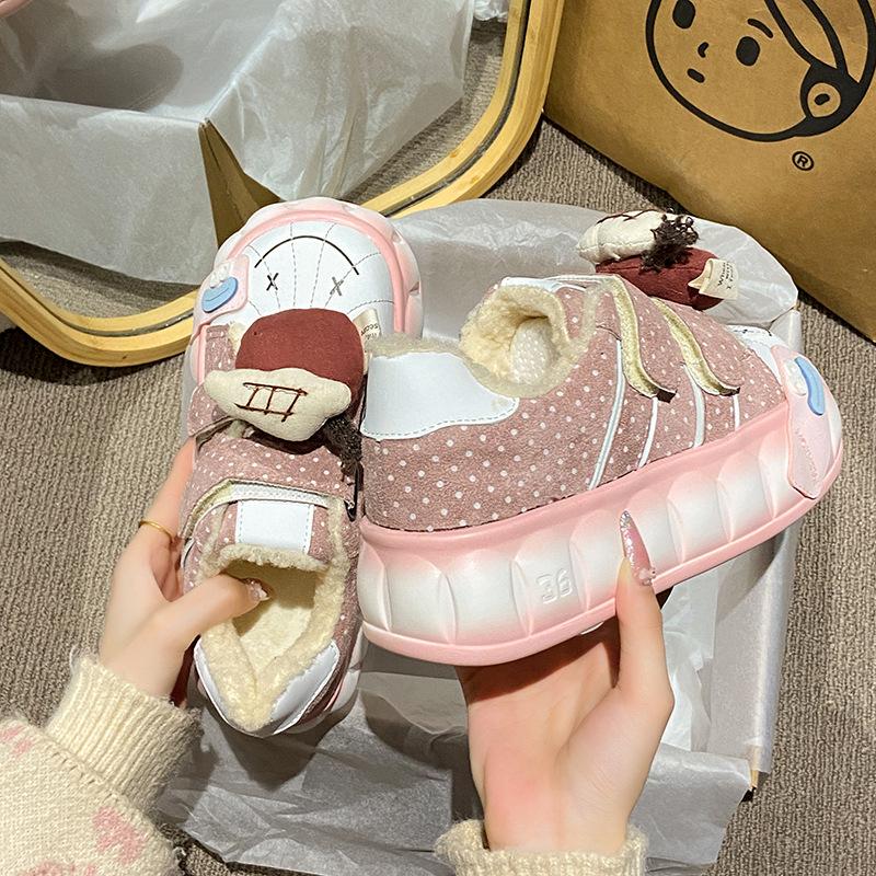 Women's fashion cartoon lightweight soft sole winter warm fur one snow boots padded lining non-slip casual sports cotton boots