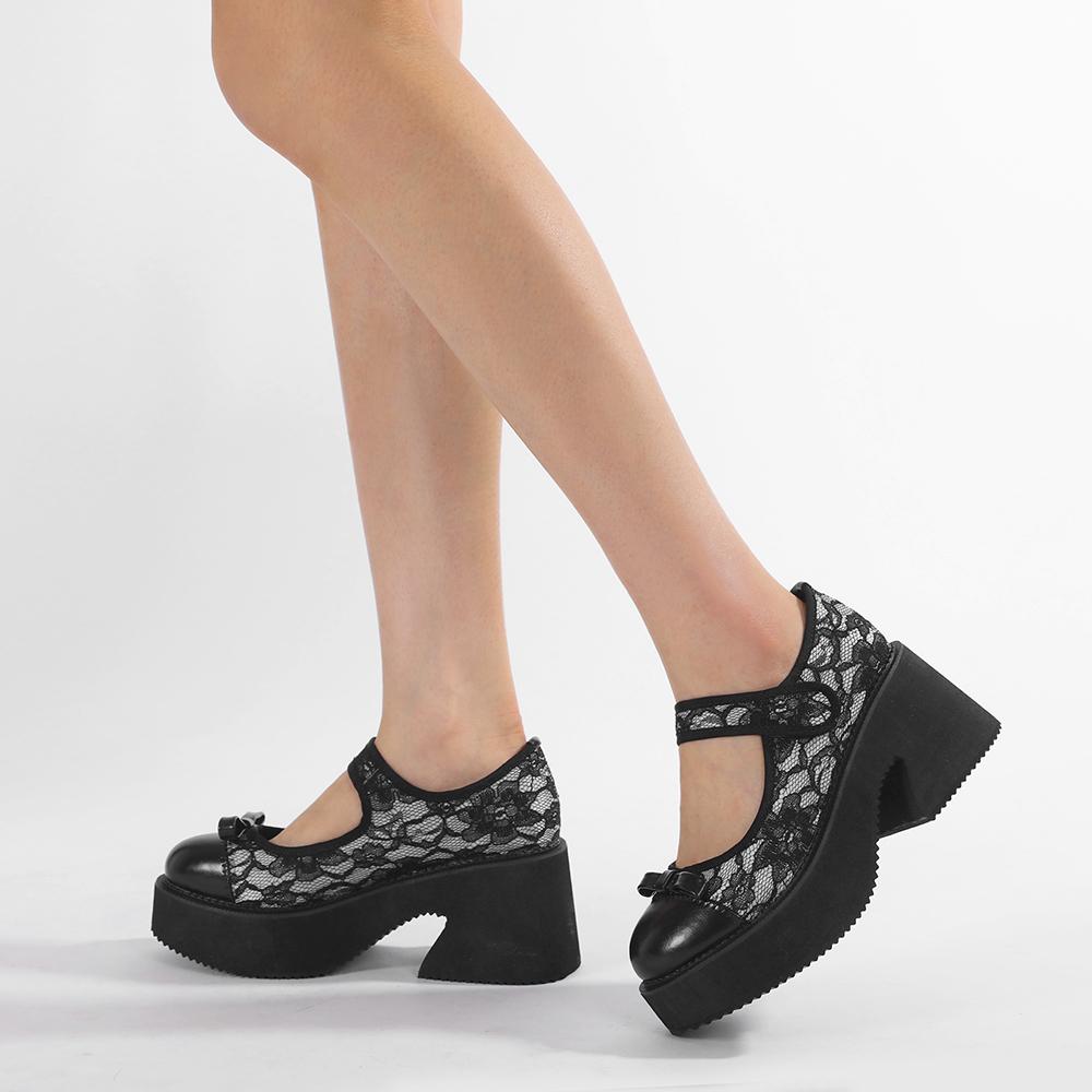 Gdgydh Platformové podpatky pro ženy Krajkové Květinové Silná Podrážka Robustní Podpatky Boty Mary Jane do školy Gumová Podrážka Bílé Svatební Boty