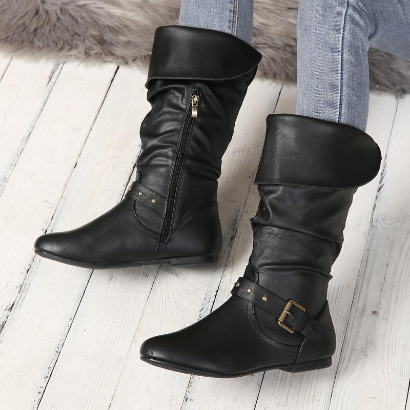 Damen Überweite Vintage Stiefel, Kniehohe Stiefel zum Hineinschlüpfen mit Schnallendetail, Stiefeletten im europäischen Stil mit runder Zehenpartie