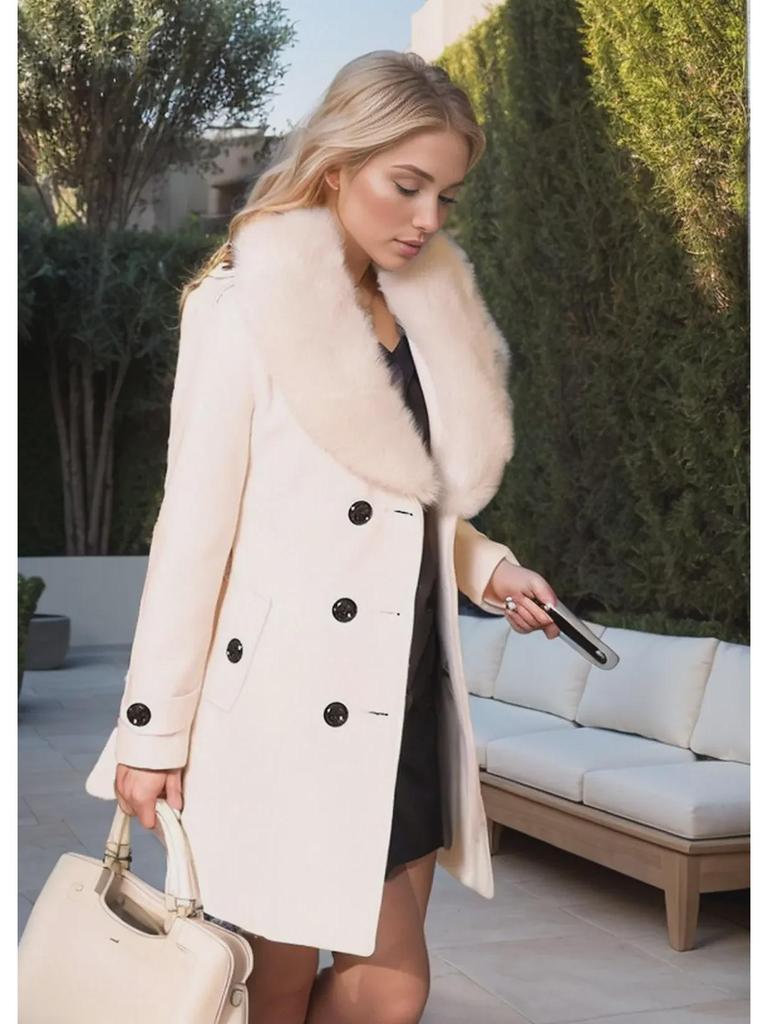 Damen Wollwintermantel mittlerer Länge mit großem Pelzkragen - Europäische Größe