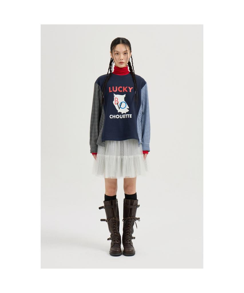 LUCKY CHOUETTE Checkered Sleeve Mix Long-Sleeved T-Shirt (Dark Navy) Lftas25195Nyd