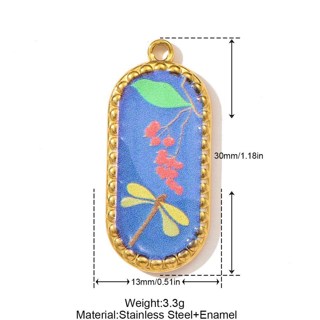 1 Piece 304 Stainless Steel Charms 18K Gold Plated Multicolor Square Pear Blueberry Oval Flowers Dragonfly Pendants Necklace DIY