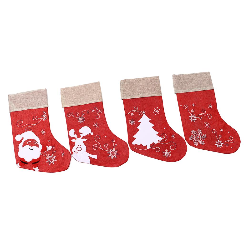Christmas Stocking Decorative Cartoon Pattern Cuff Stocking Ornament for Tree Stairs Fireplace Red 4pcs