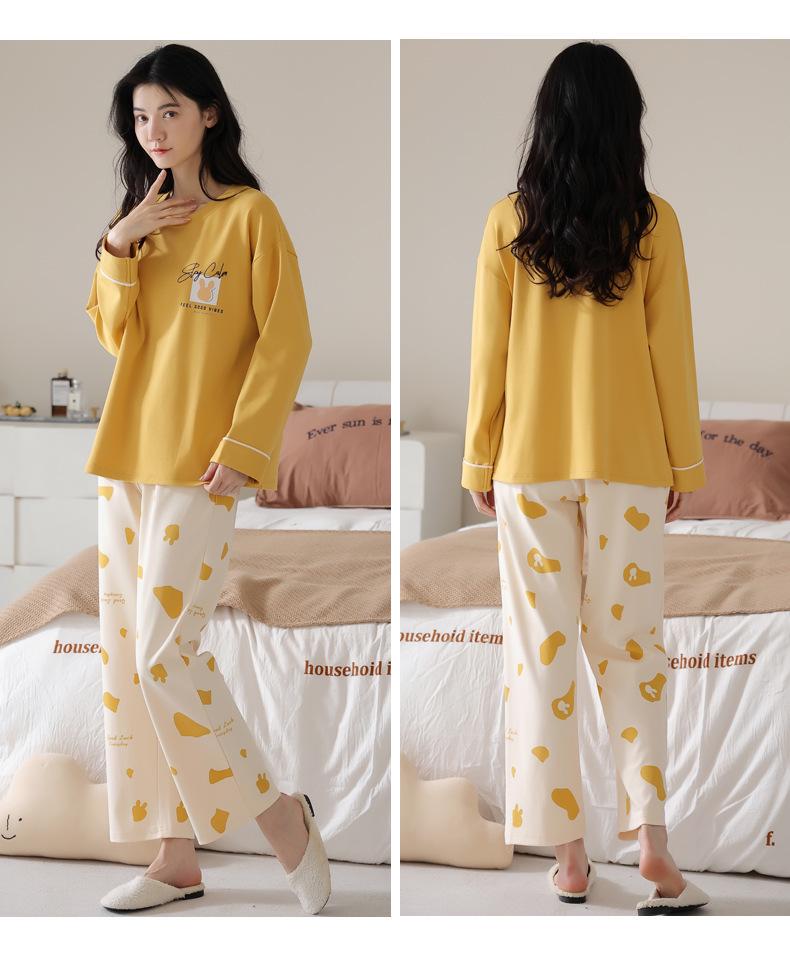 Women's Pure Cotton Long Sleeve Pajamas with Built-in Bra Pads - Cozy for Autumn/Winter, Casual Home Wear, and Suitable for Outdoors.