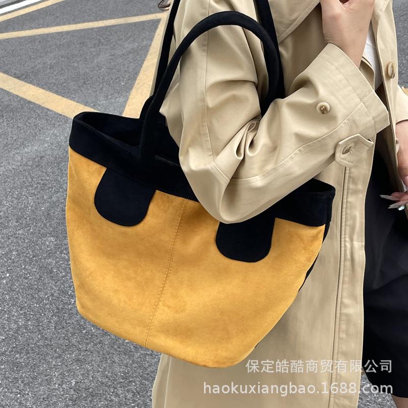 Casual Retro Suede Bag Women's 2025 New Contrasting Color Commuter Versatile Shoulder Underarm Bag Tote Small Bag
