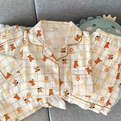 Cute Cute Pet Plaid Pajamas Women'S Summer Wrinkled Cloth Short-Sleeved Casual Loose Loungewear Three-Piece Set
