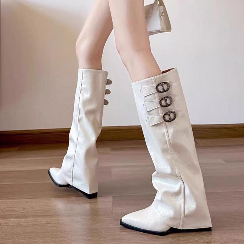 2026 Winter No Knee Long Pointed Pants with Belt Buckle and White Slope Heel Knight Boots