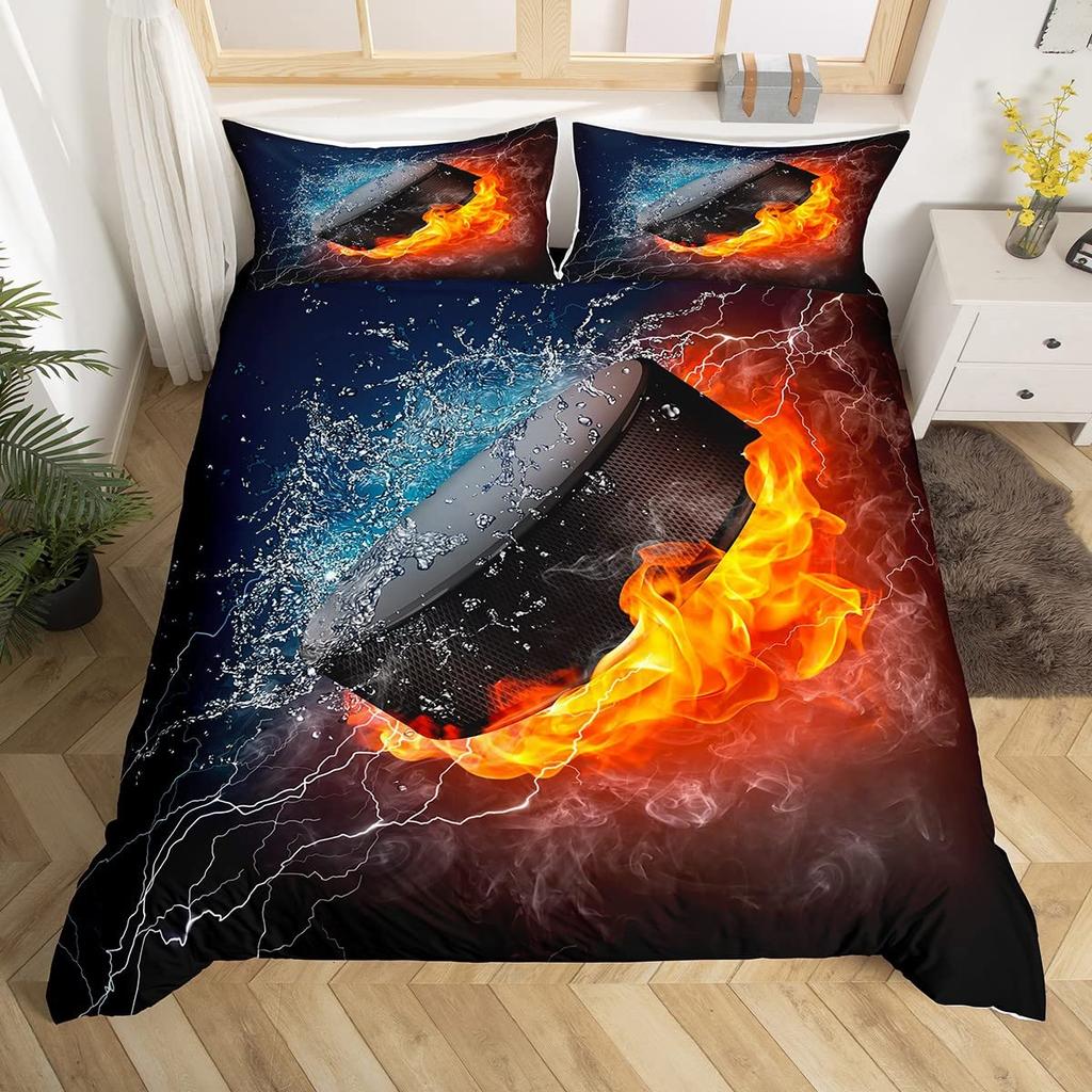 Ice Hockey Duvet Cover For Kids Boys Girls Teens Lightweight Quilt Covers Winter Sports Bedroom Decor Hockey Player Bedding Sets
