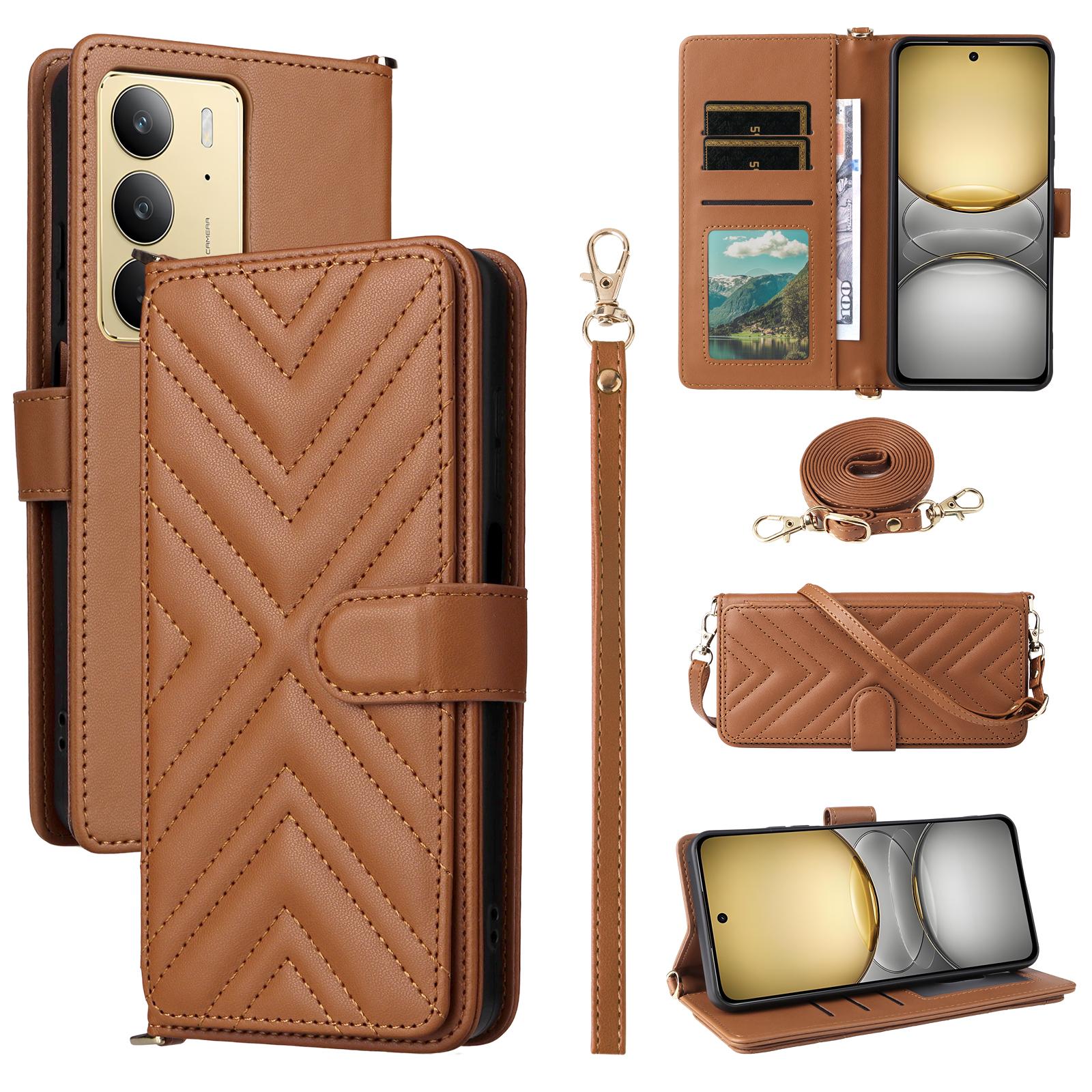 

Wallet Phone Case for Realme 14x 5G/V60 Pro 5G/C75 4G Leather Phone Cover with Shoulder/Wrist Strap- Black Brown