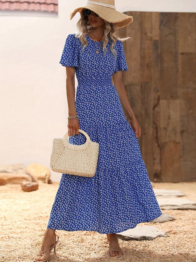 Cross-border foreign trade lotus leaf sleeve long floral dress, spring and summer women's high-end sense, waist cake skirt, skirt women
