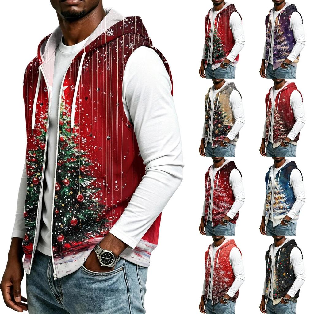 Men's Hooded Sleeveless Zip Up Vest with Christmas Print Casual Holiday Celebration Outfit