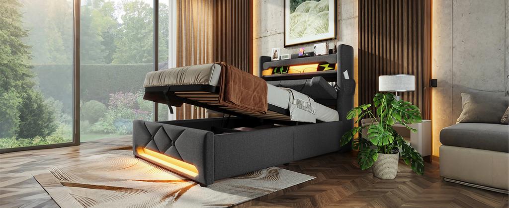 Upholstered Single Bed 90*200, Storage Headboard with USB, Type-C Port, 360 LED Around Head and Foot, Hydraulic Storage, Gray Linen (without Mattress)