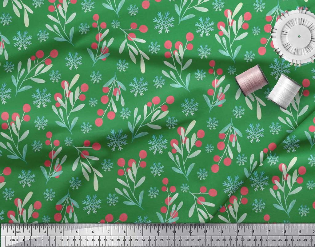 Soimoi Green Japan Crepe Satin Fabric Snowflake & Red Berries Fruits Print Fabric by the metre 42 Inch