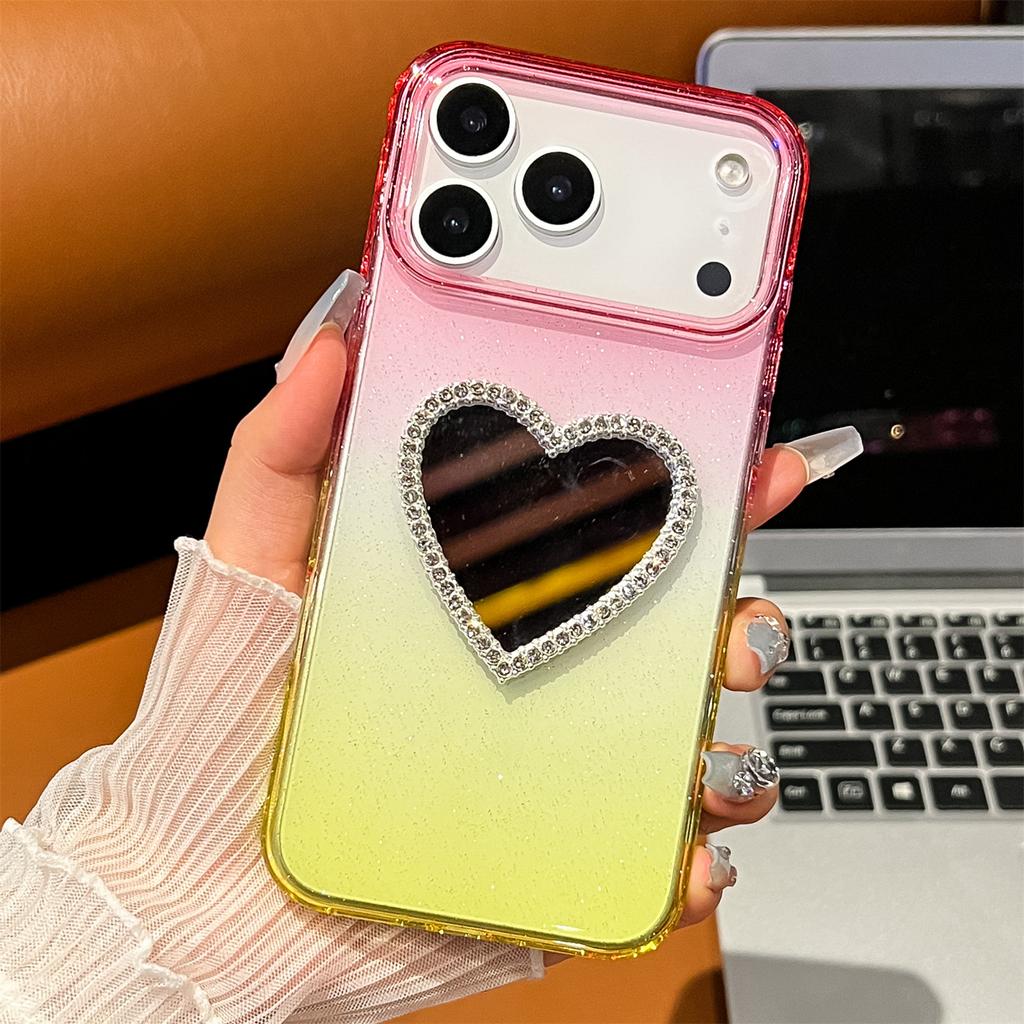 For iPhone 17 Pro Max Case Glitter Dual Color PC+TPU Clear Phone Cover with Heart-Shape Mirror