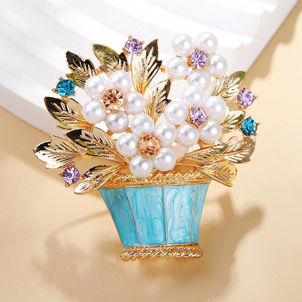 Módní perlová květina modrá brož květináč rostlina květina špendlík korsáž brož kamínky doplňky designová brož mini perfektní dárek pro páry