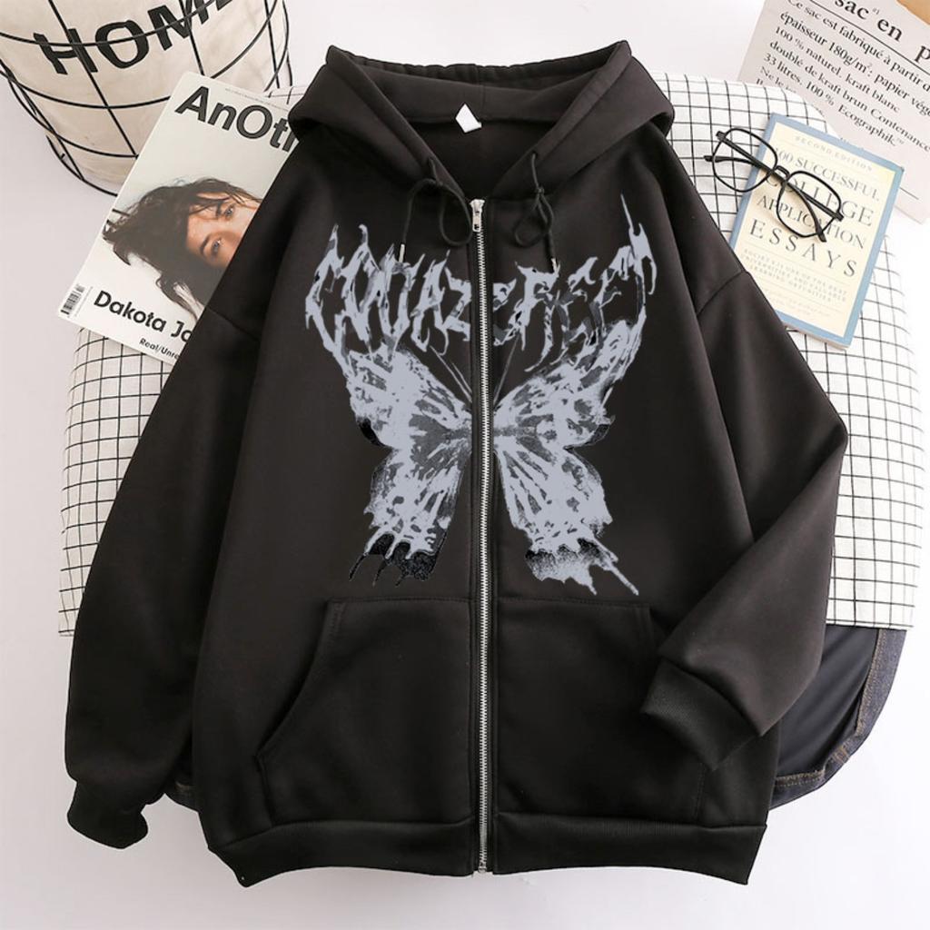 Women's Hooded Zip Up Loose Fit Long Sleeve Printed Butterfly Casual Cardigan Sweatshirt Jacket