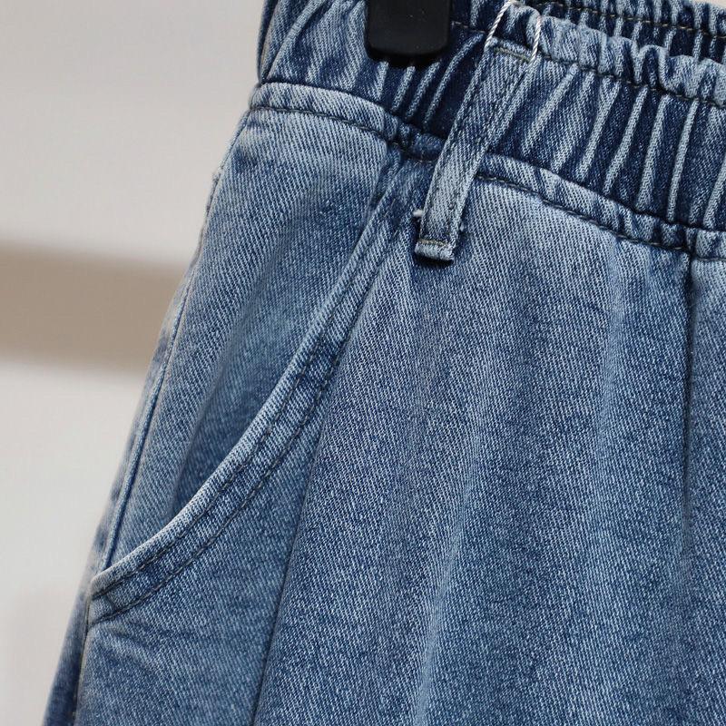 Damen Übergröße Locker Gerade Bein Jeans Elastischer Bund Baggy Dad Hosen für Große Oberschenkel