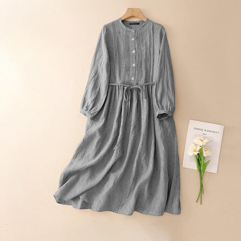ZANZEA Women Casual Round Neck Loose Long Sleeve Stripe Dress