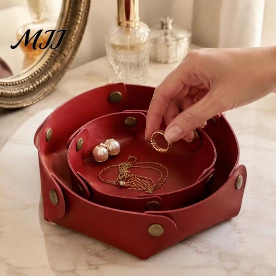 Home Office Storage Solution PU Leather Folding Tray, Waterproof Portable Jewelry Dish, Trinket Dish Retro Rivet Desktop Organizer Tray for