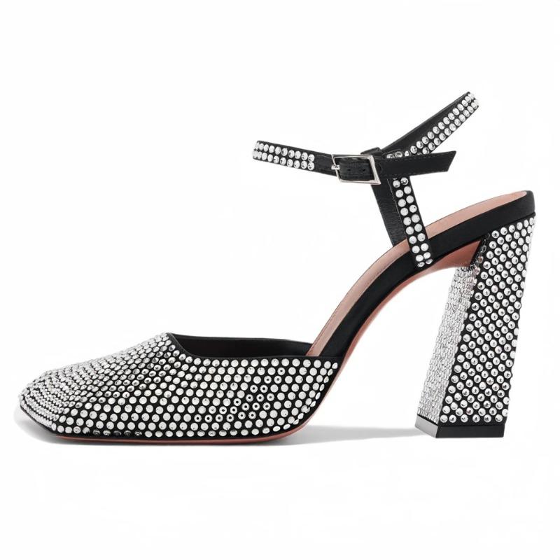 Fashion Minimalist Square Head Rhinestone Mary Jane Sandals 2024 Summer New Girls Candy Banquet Party Fashion High Heels Shoes size 43