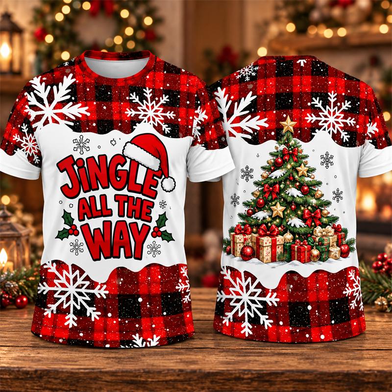 Men's Christmas Graphic T Shirt, Funny Fa La La Santa Snowflake Plaid Print Short Sleeve Tee, Holiday Party Gift Top