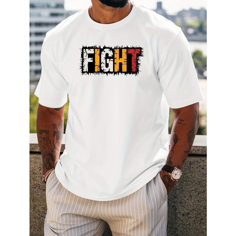European Size Men'S FIGHT Graphic Print T-Shirt - Casual Crew Neck, Breathable Summer Sportswear, Regular Fit, Short Sleeve Top for Outdoor, Workout