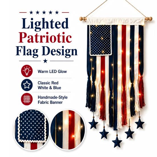 Wall Hanging Flag Decorative American Flag Banner with LED Lights Vintage Style Polyester Wall Decoration for Indoor Outdoor Party
