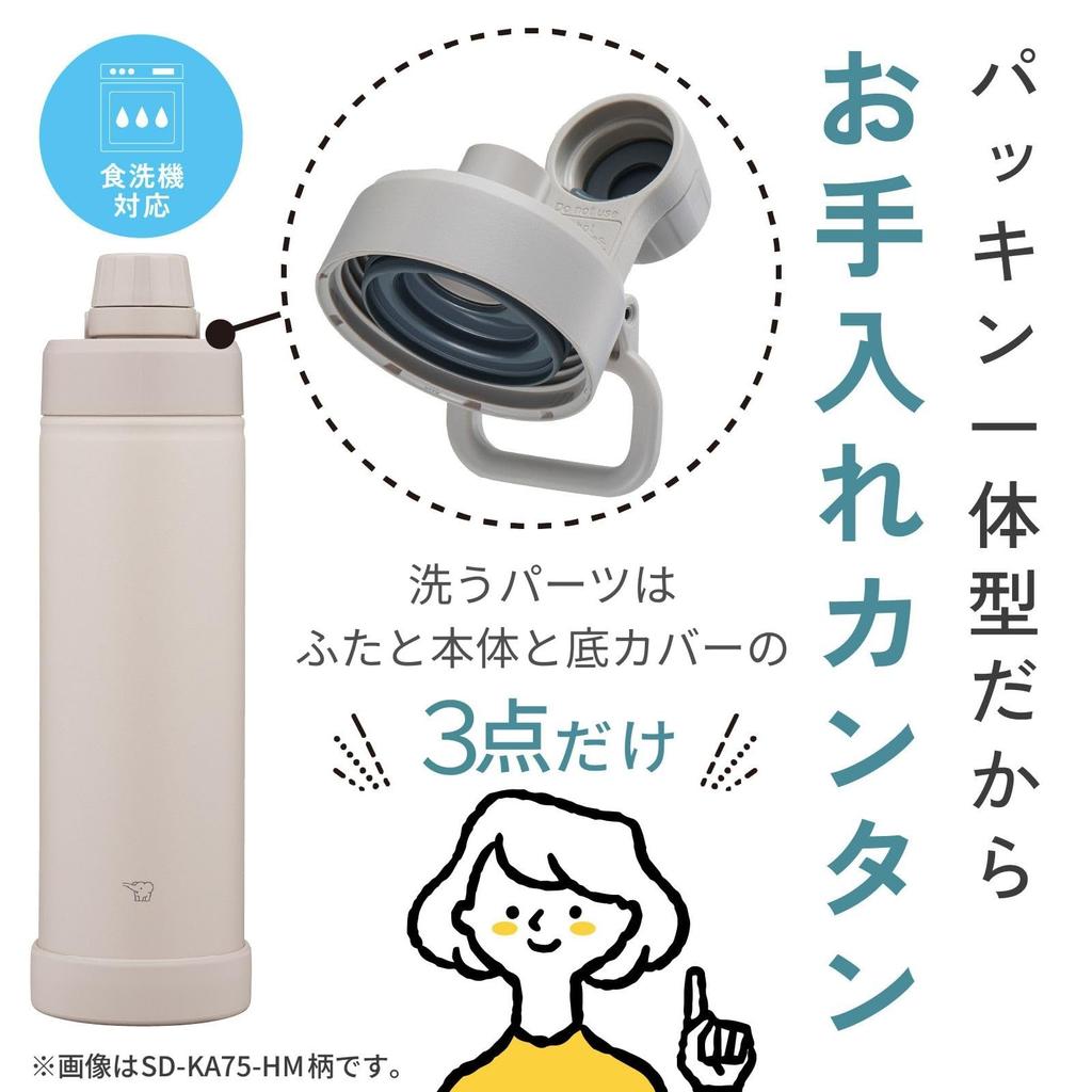 Zojirushi 0.75L Insulated Water Bottle Charcoal Black Dishwasher Safe Seamless Spout Easy to Wash 3 Points Handled SD-KA75-BM