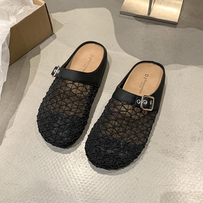 Flat-bottomed bag head half slippers women's summer 2025 new outer wear woven mesh breathable one pedal lazy half slippers