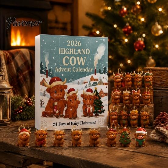 Decorative Acrylic Charms Highland Cow Christmas Advent Calendar with 24 Ornaments, Festive Countdown Unique Decorations Box for Holiday Tree Hanging