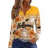 Dámské tričko s potiskem Halloweenu, knoflíky, dlouhý rukáv, denní, víkendová móda, základní, výstřih do V, běžný top