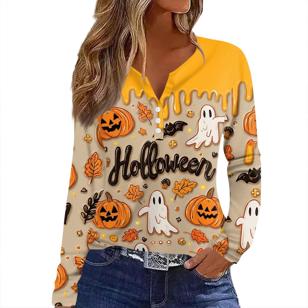 Dámské tričko s potiskem Halloweenu, knoflíky, dlouhý rukáv, denní, víkendová móda, základní, výstřih do V, běžný top