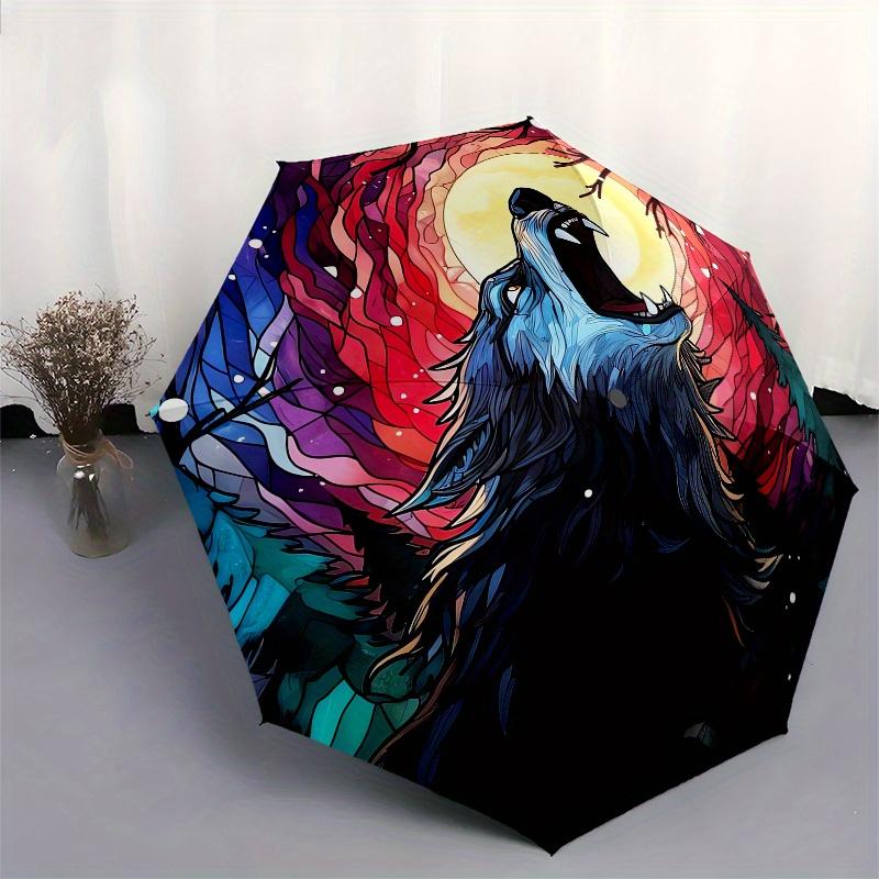 Stained Wolf Howling at Moon Wall ArtUmbrella, Portable 3-Fold Compact Umbrella for Men & Women Gift