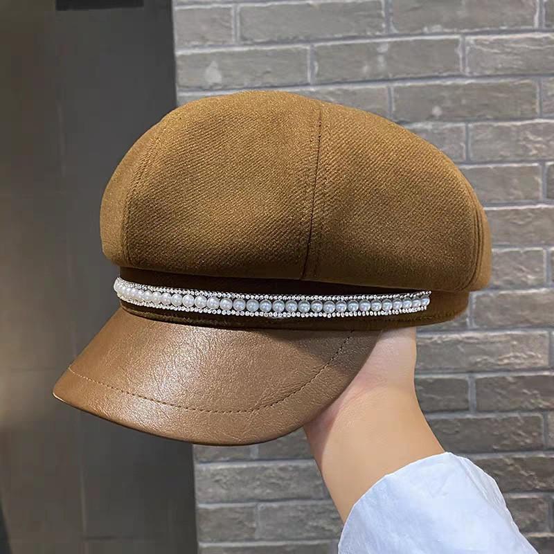Women's British Retro Korean Version Beret Hat with Chain Dia Octagon Sun Block Painter Cap for Women