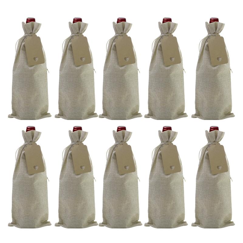 10 Stück Jute Kordelzug Weintasche Jute Weinflasche Einwickelhülle mit Anhängern Wiederverwendbare Weingeschenktasche für Weihnachten Weihnachtsfeier Dekoration