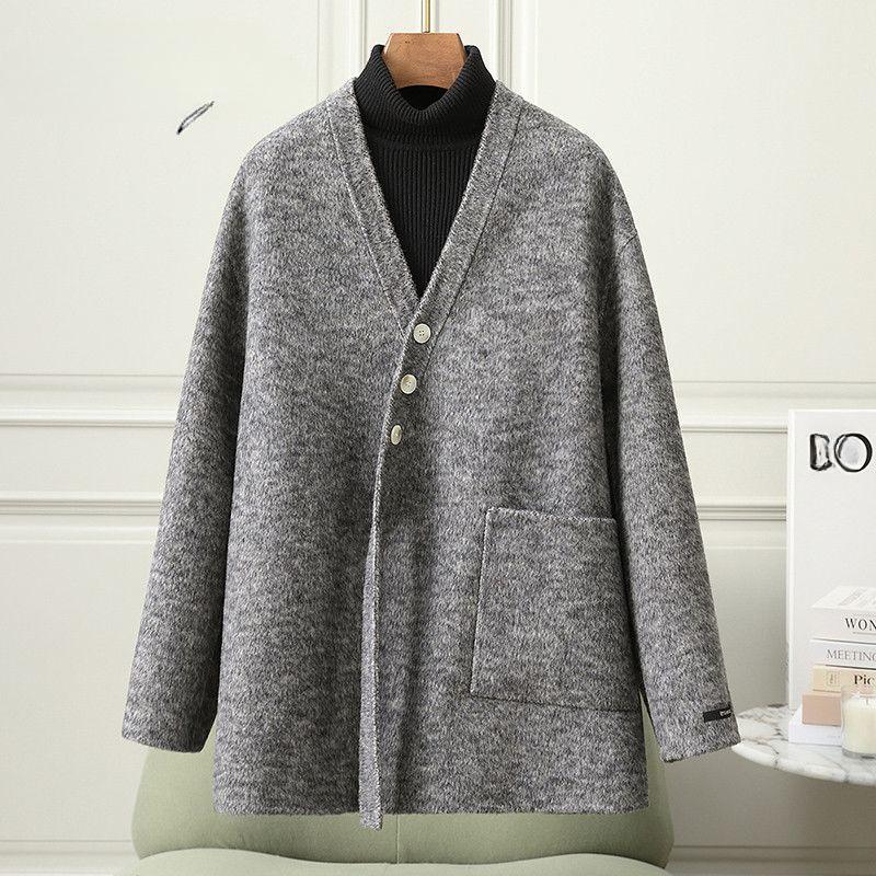 

Модное шерстяное пальто свободного кроя с косой планкой для женщин на зиму M серый