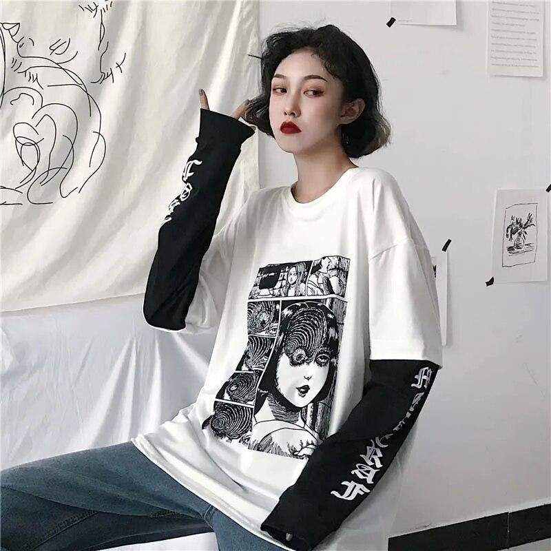 

Harajuku T-shirt Women Fake 2 Pieces Print Japanese Fujiang Horror Comics Long Sleeve Shirt Women Vetement Femme
