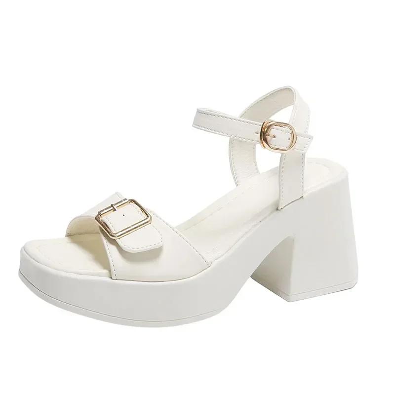 

High-heeled Sandalias De Mujer 2026 Summer Square Toe Belt Buckle Sandales Platform Women Shoes Peep Toe Casual Solid Femme 35 белый